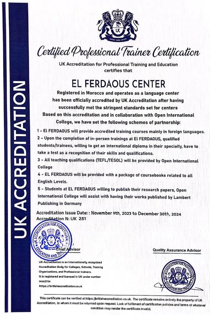 Certificat d’accréditation de El Ferdaous Center délivré par UK Accreditation for Professional Training and Education, n° UK 251